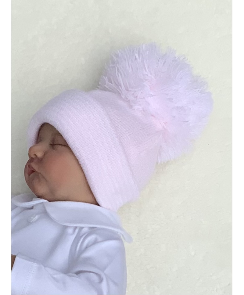 baby girl pink white knitted pom pom hat