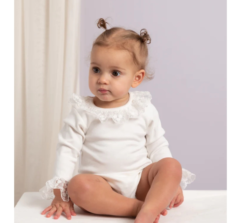 baby girls cream ivory cotton long sleeved romper lace trim 