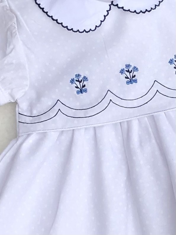 BABY GIRLS WHITE DRESS NAVY BLUE EMBROIDERY 
