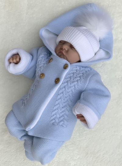 baby boys blue cable knitted coat trousers pram set 