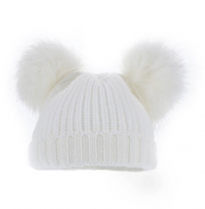 unisex white knitted hat faux fur pom poms