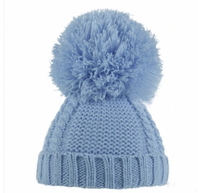 baby boys blue cable knit pom pom hat