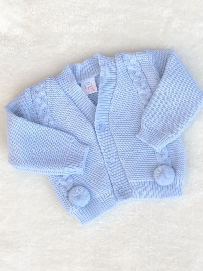 baby boys blue knitted cardigan pom poms