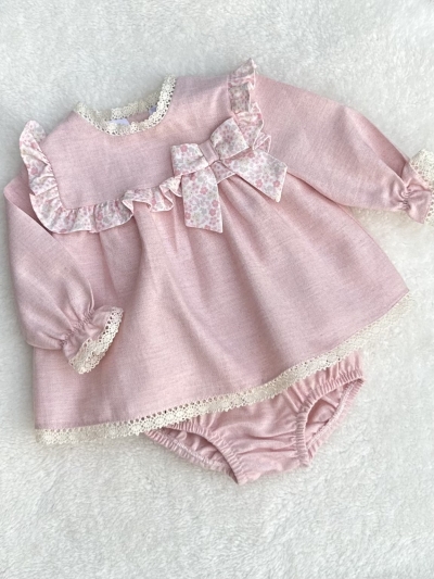 baby girls pink linen texture dress pants ditsy floral bow