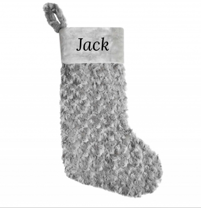 grey plush faux fur personalised christmas stocking  