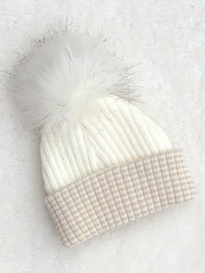 unisex baby knitted single faux fur pom pom hat beige cream. boy girl