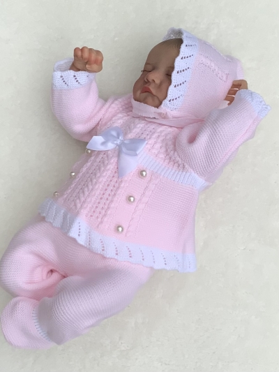 baby girls pink white knitted jumpers trousers bonnet 