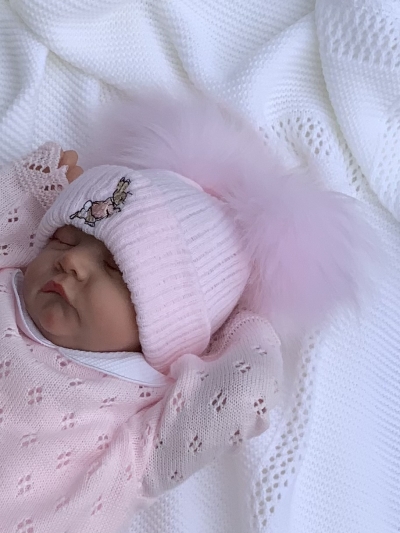 babies pink knitted double pom pom hat rabbit