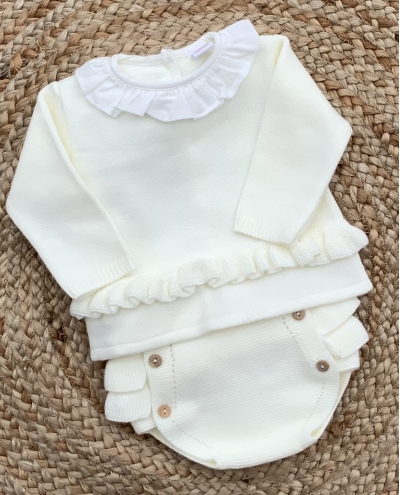 baby girls cream ivory frilly knitted jumper jam pants 