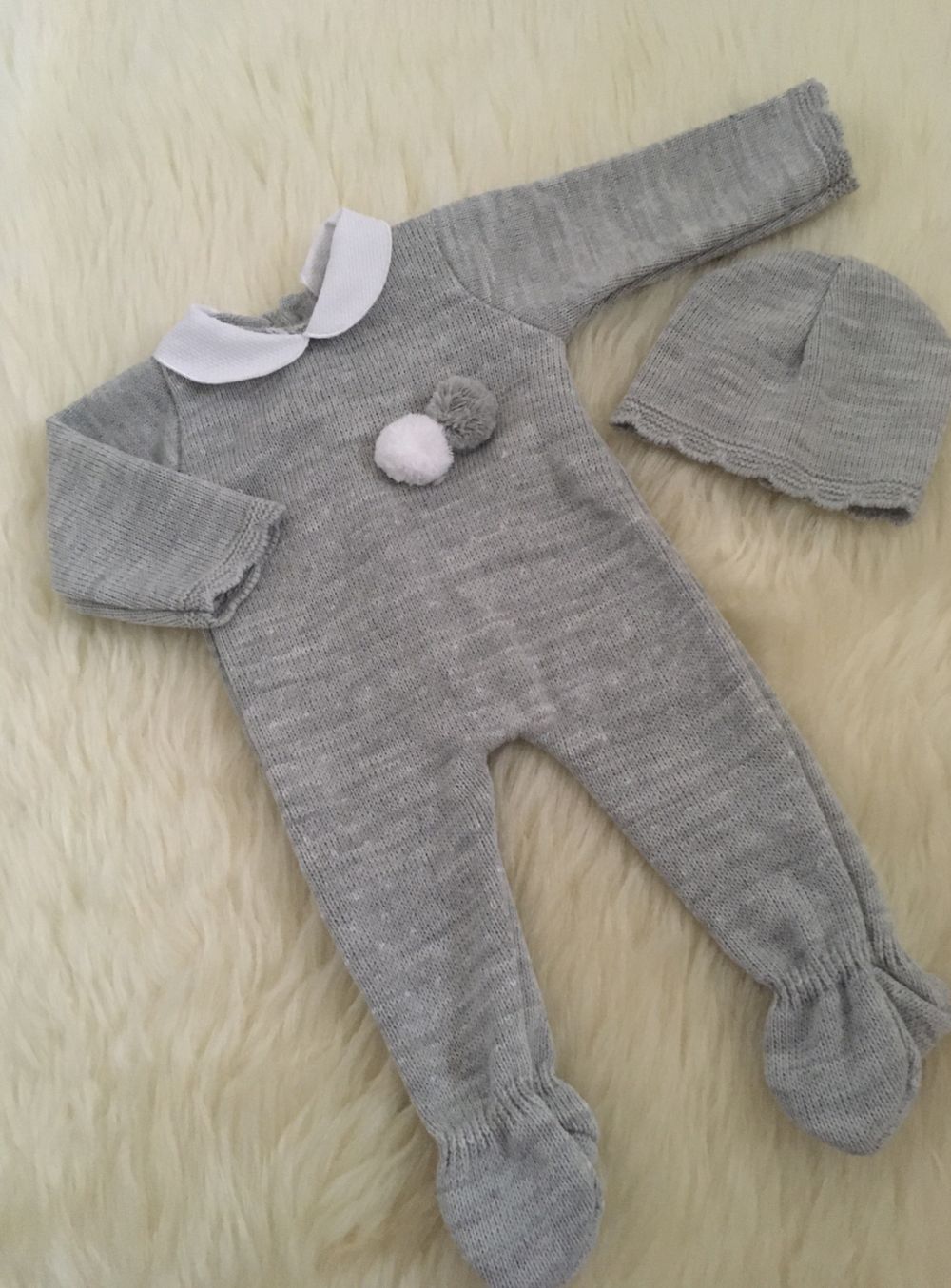 babies unisex knitted all in one romper grey pom poms matching hat 