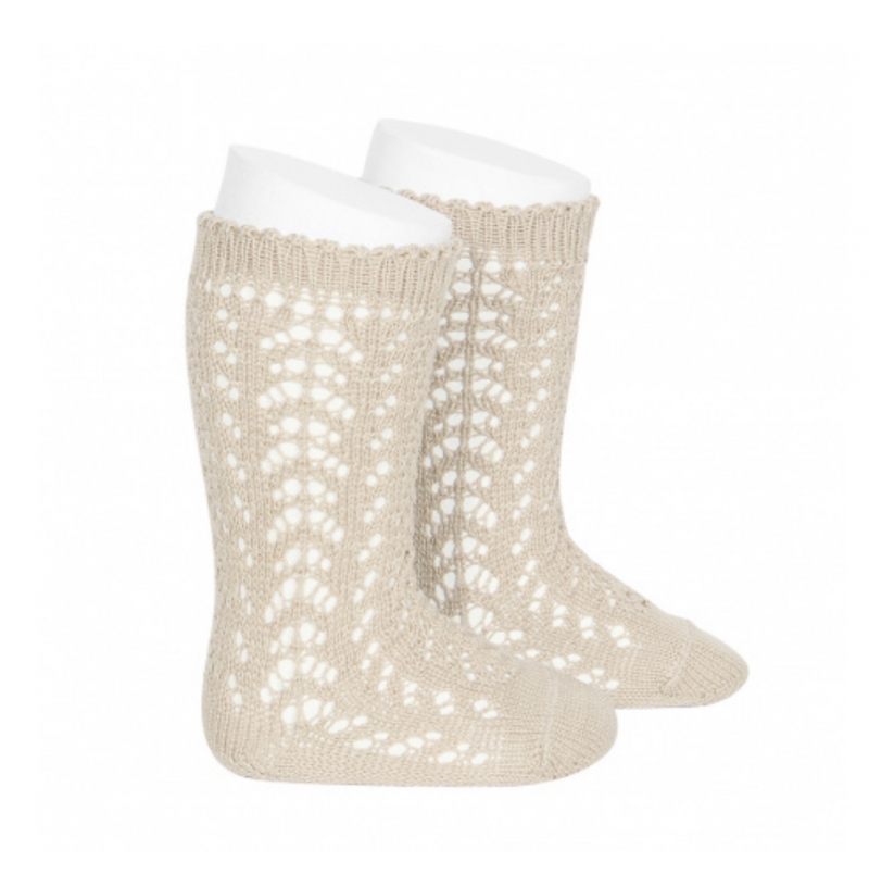 condour 100% cotton openwork knee high socks linen