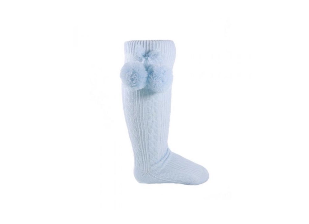 spanish style knee high pom pom socks baby blue