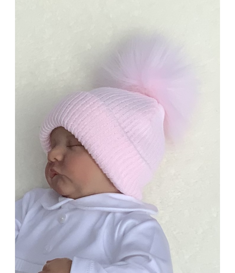 baby girls pink knitted hat faux fur pom pom