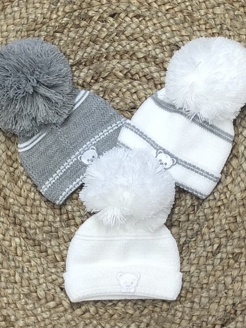 newborn unisex baby knitted pom pom hat teddy motif