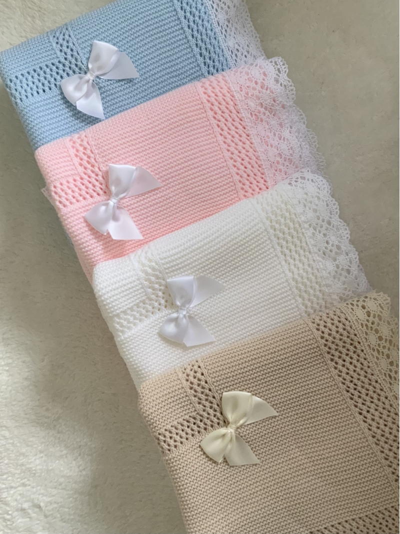 babies knitted shawl blanket lace trim biscuit beige blue white pink 