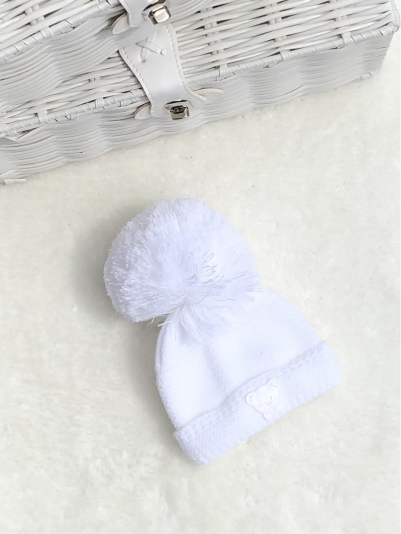 babies unisex white knitted pom pom hat