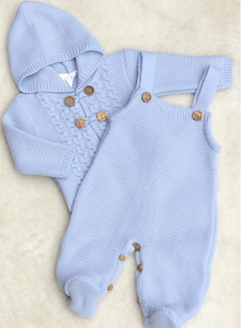 babies blue knitted coat romper pram set