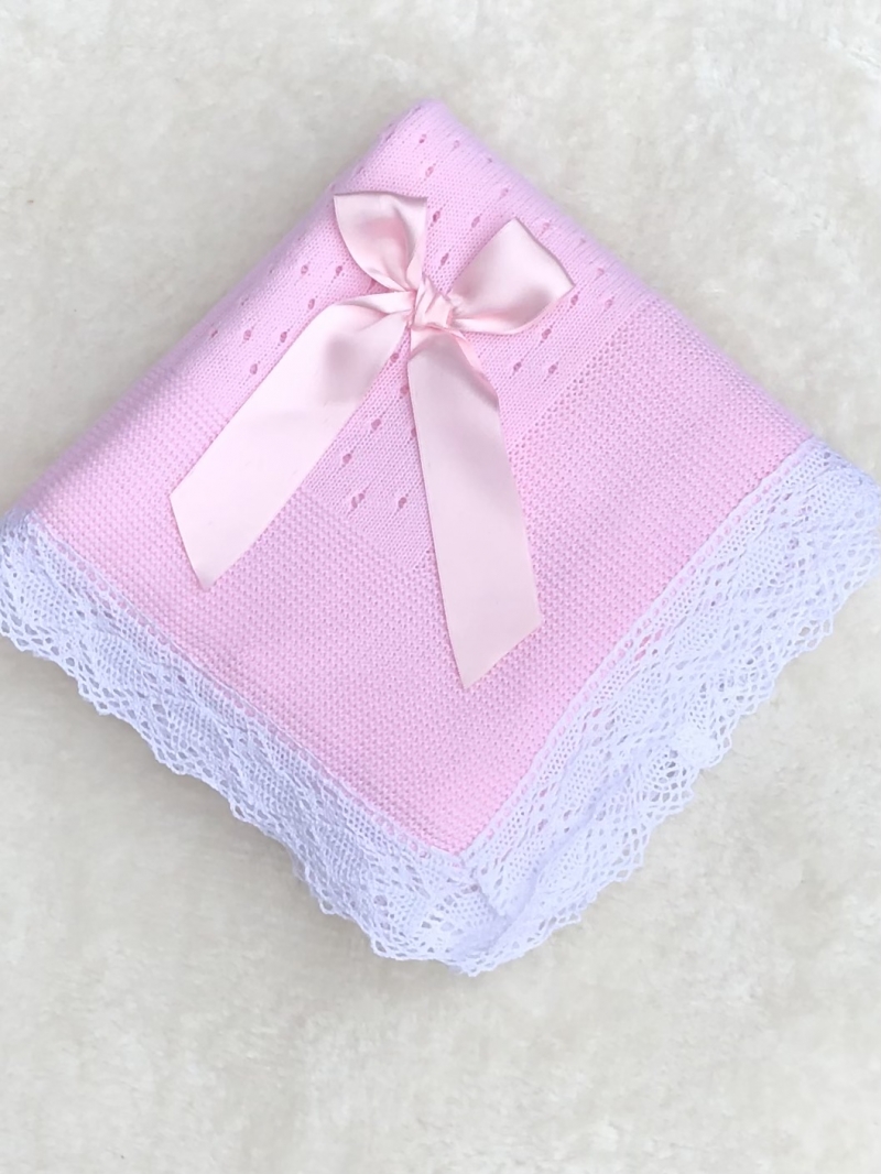 pink knitted shawl blanket white lace trim bow