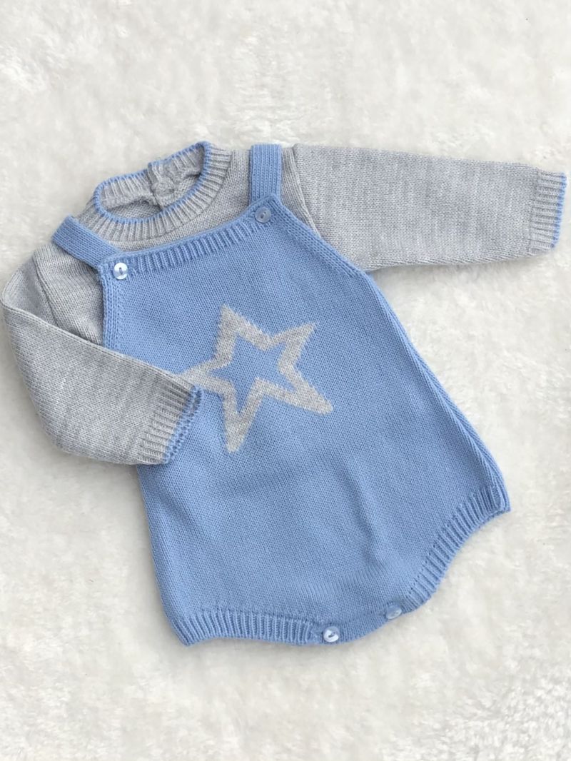 spanish style baby boys knitted dungerees jumper blue grey star logo