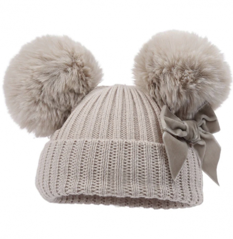 baby girls beige biscuit knitted hat pom poms bow