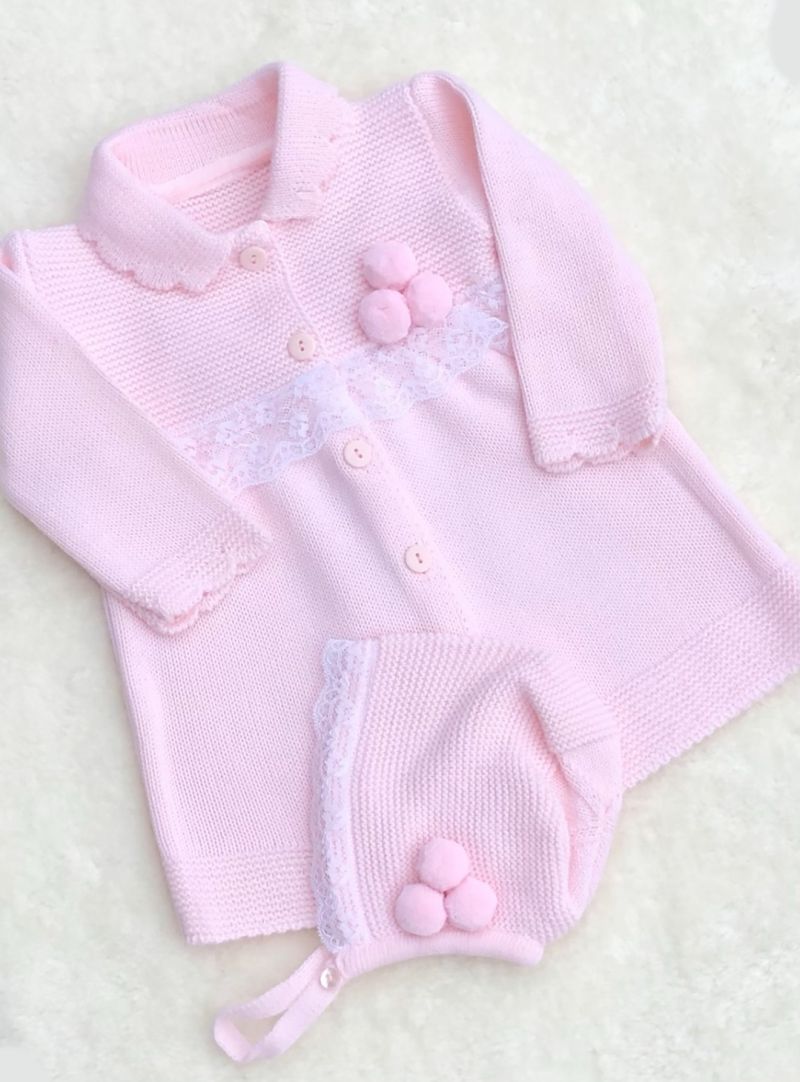 baby girls knitted dress coat cardigan bonnet pink