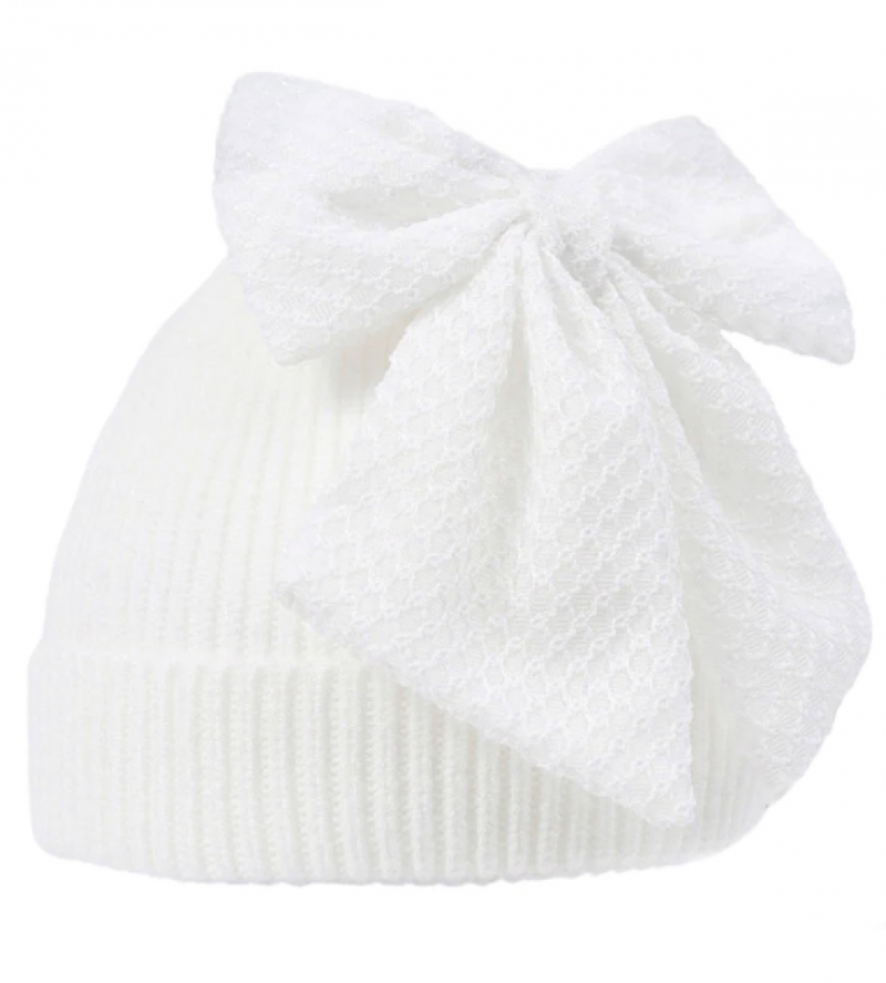 baby  girls white chenille knitted large bow hat
