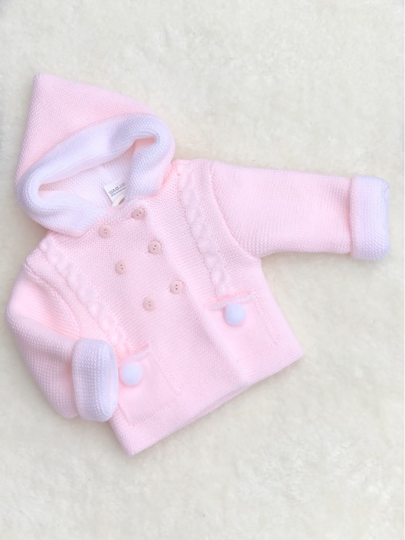 baby girls knitted coat jacket pink white pom poms