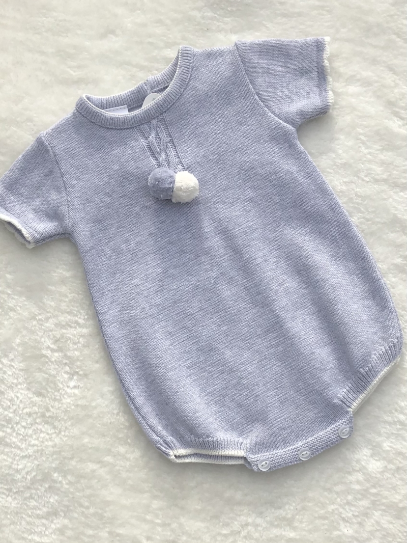 baby boys knitted grey all in one romper pom poms