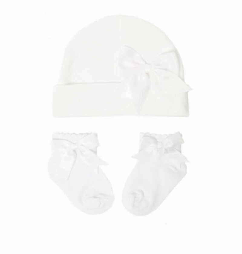 baby girls white cotton hat socks bows 