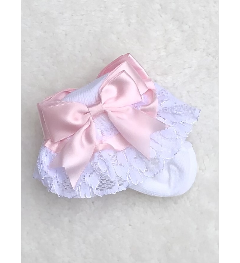 baby girls white lace ankle socks pink bow