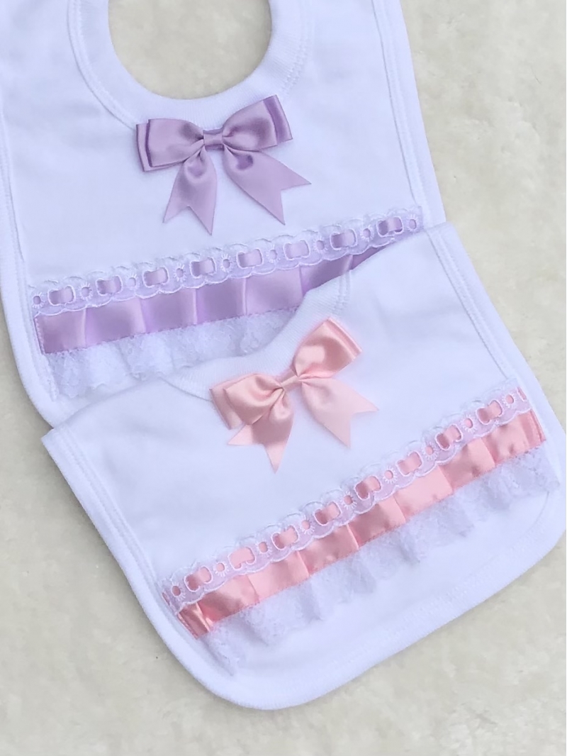 baby girls pink lilac bib ribbon lace