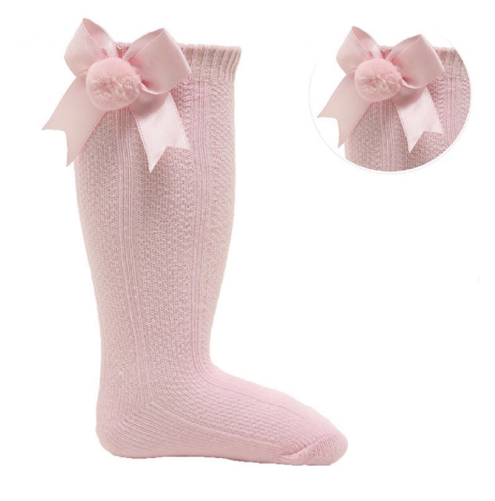 spanish style baby girls knee high bow pom pom socks pink