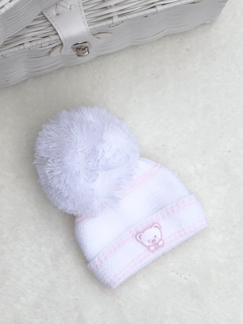 newborn baby girls white pink oversized pom pom hat