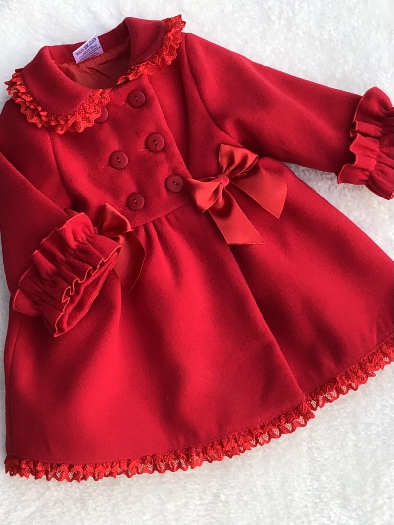 traditional baby girls red duffle coat  lace bows