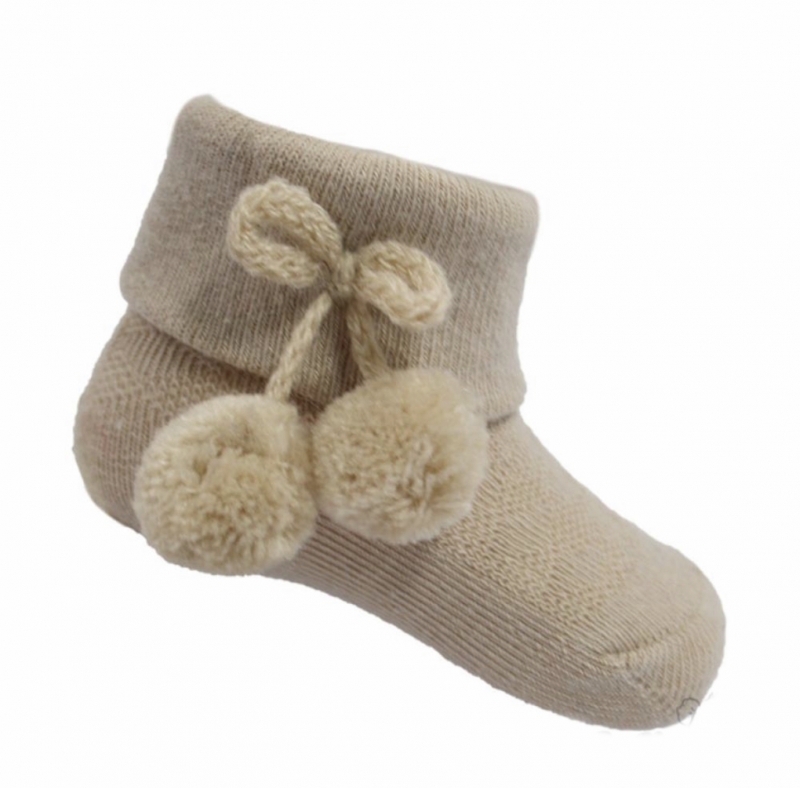 babies unisex beige/biscuit ankle pom pom socks