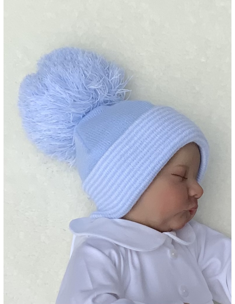 baby boys blue knitted pom pom hat 