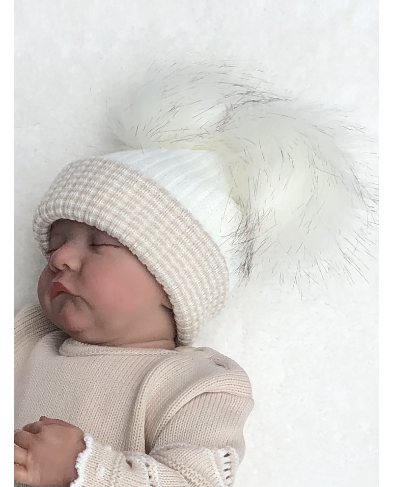 babies cream beige double faux fur pom pom hat 