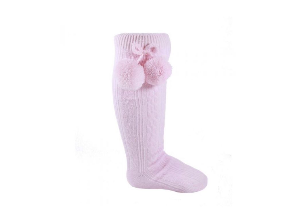spanish knee high ribbed pom pom socks in pink 