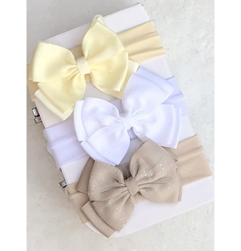 baby girls headband sparkle bow  beige white lemon 
