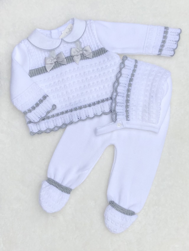 unisex white grey knitted jumper trousers and hat