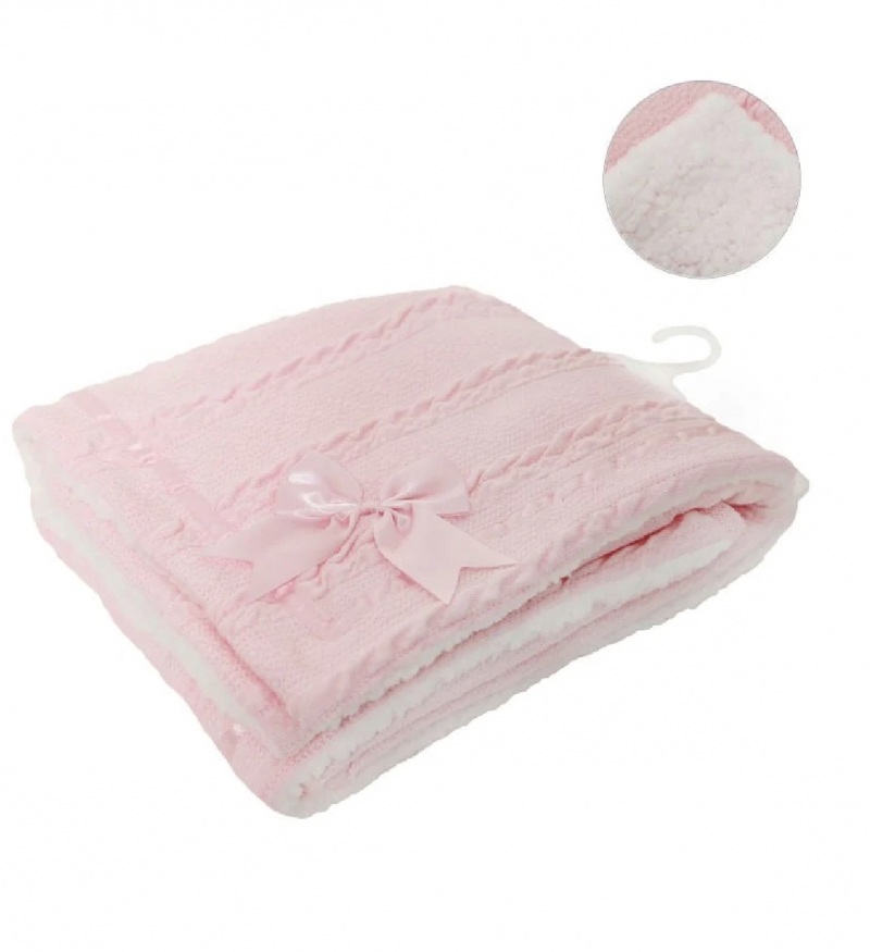 baby girls pink cable blanket with bow