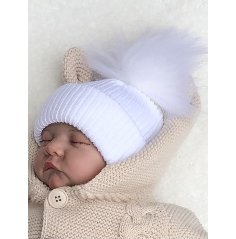 babies unisex white knitted faux fur pom pom hat