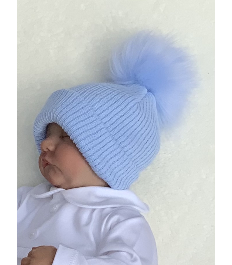 baby blue boys knitted faux fur pom pom hat