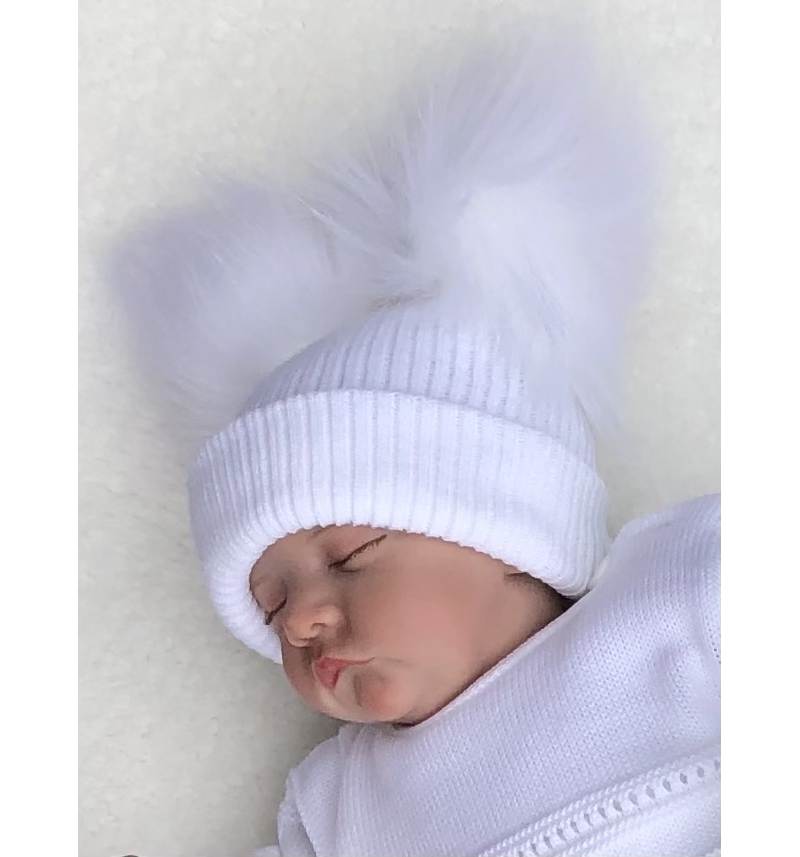 babies white unisex double faux pom pom hat 