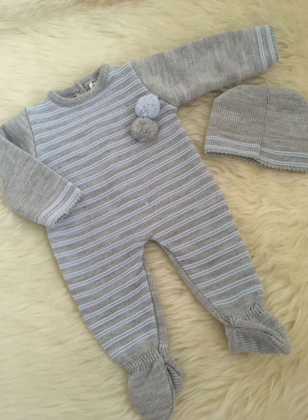 baby boys blue grey stripe knitted romper pom pom hat 