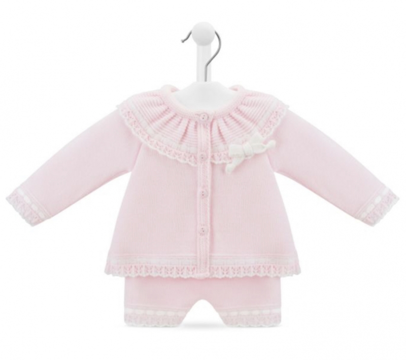 baby girls pink knitted matinee cardigan and shorts white bow