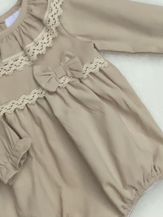 BABY GIRLS BEIGE FINE CORD ROMPER WITH LACE 