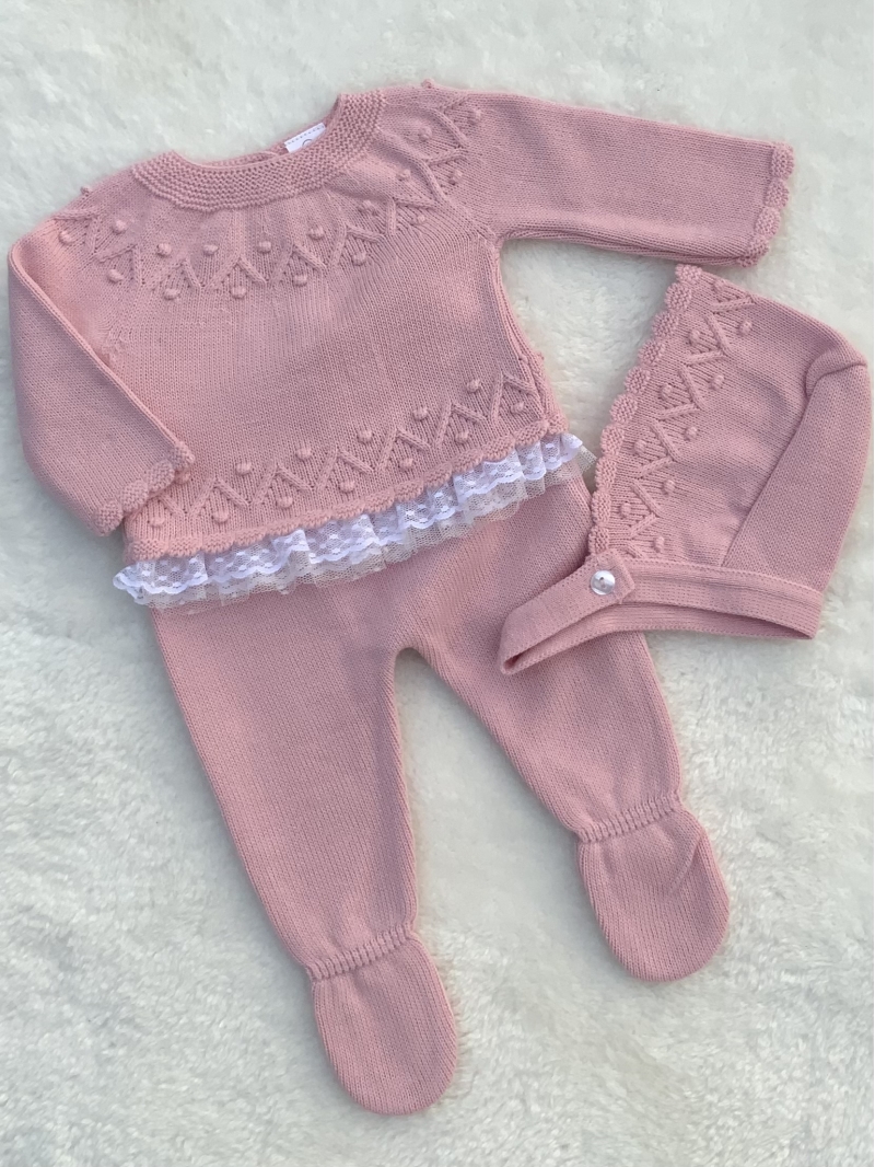 baby girls dusky pink knitted lace trim jumpe