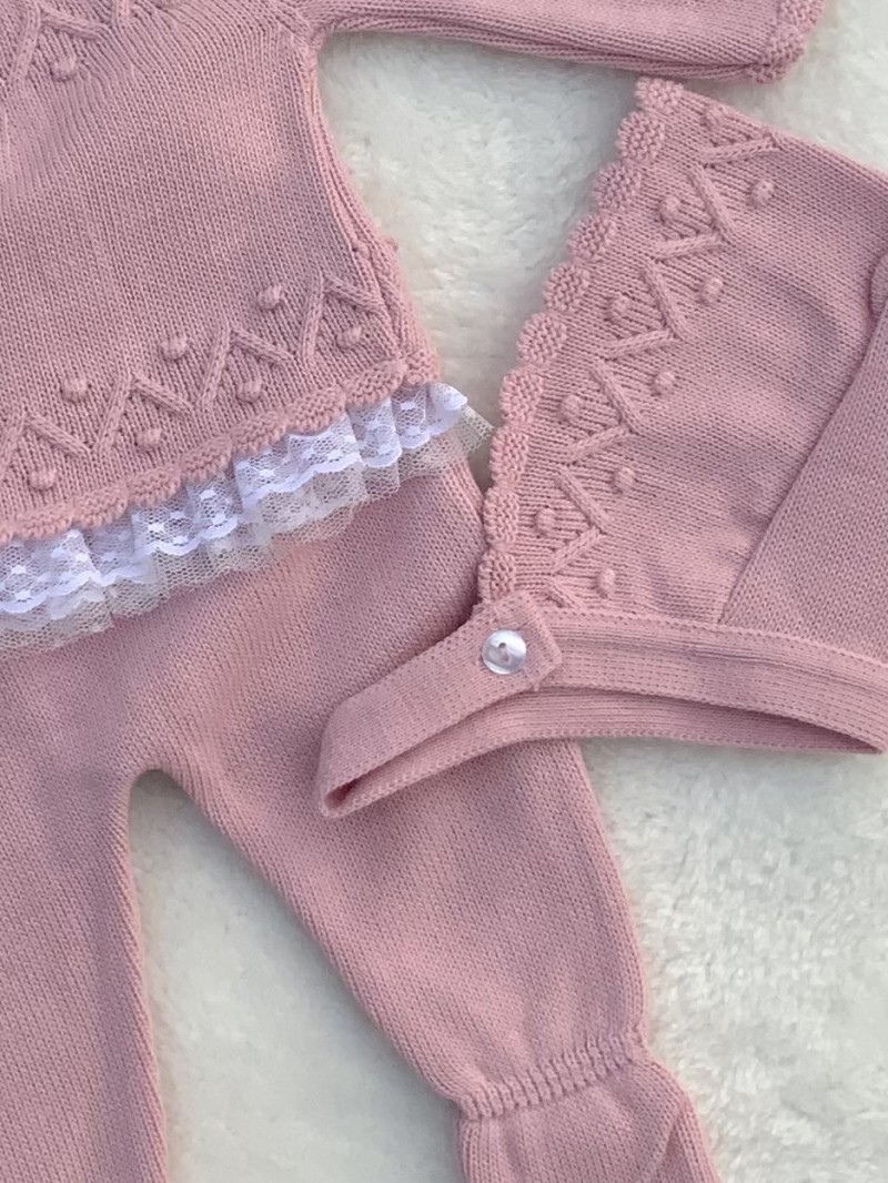 BABY GIRLS DUSKY PINK KNITTED LACE TRIM JUMPE