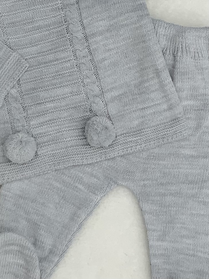 UNISEX GREY KNITTED JUMPER TROUSERS POM POM 